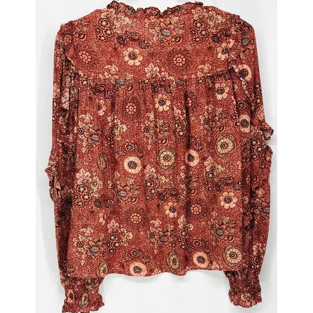 Ulla Johnson Sandalwood Long-Sleeve Manet Blouse Floral Print Rust Color Size 4